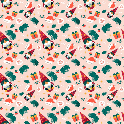 Festive pattern with Santa hats, gnomes, presents, holly leaves, and stars on a light pink background.