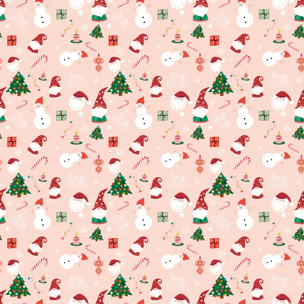 Festive pattern with snowmen, Santa, Christmas trees, ornaments, candy canes, and gifts on a pink background.