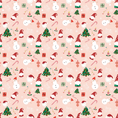 Festive pattern with snowmen, Santa, Christmas trees, ornaments, candy canes, and gifts on a pink background.