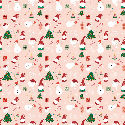 Festive pattern with snowmen, Santa, Christmas trees, ornaments, candy canes, and gifts on a pink background.