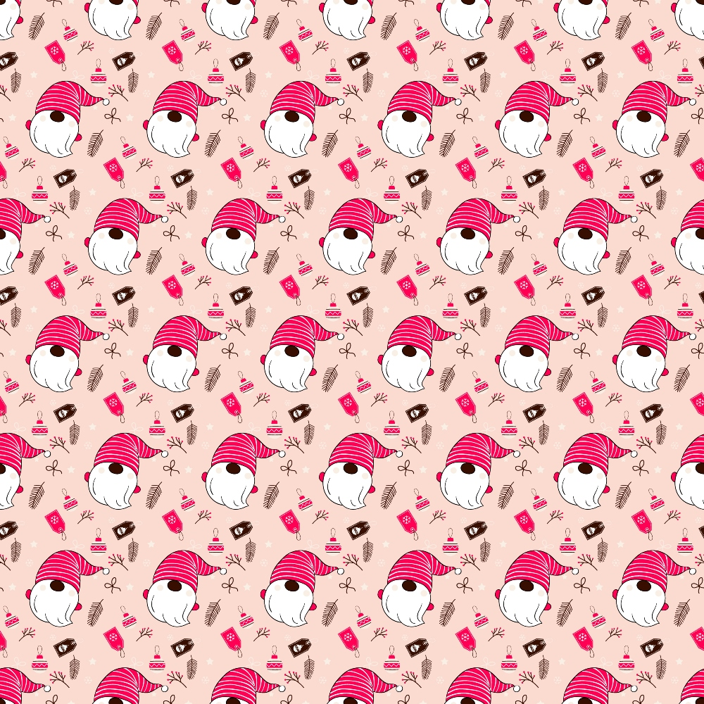 Pattern of cute bunnies wearing striped hats with bows, eggs, and candy on a pink background.