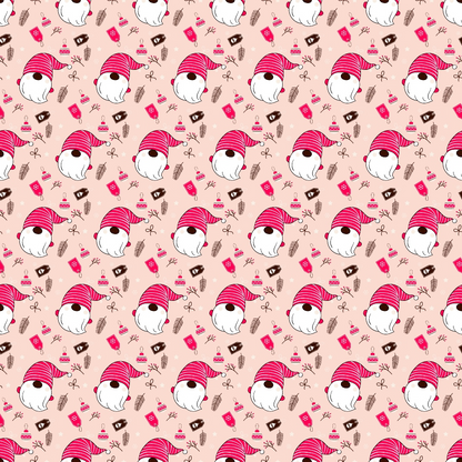 Pattern of cute bunnies wearing striped hats with bows, eggs, and candy on a pink background.