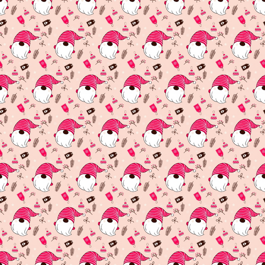 Pattern of cute bunnies wearing striped hats with bows, eggs, and candy on a pink background.