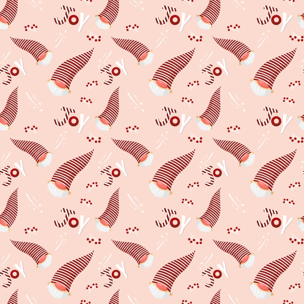 Patterned image with red and white striped Santa hats, berries, and abstract shapes on a light pink background.