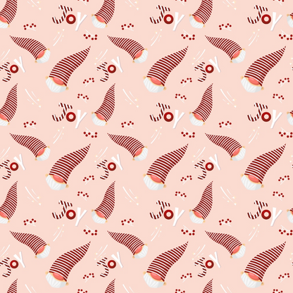 Patterned image with red and white striped Santa hats, berries, and abstract shapes on a light pink background.