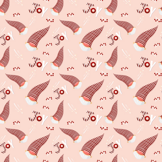 Patterned image with red and white striped Santa hats, berries, and abstract shapes on a light pink background.