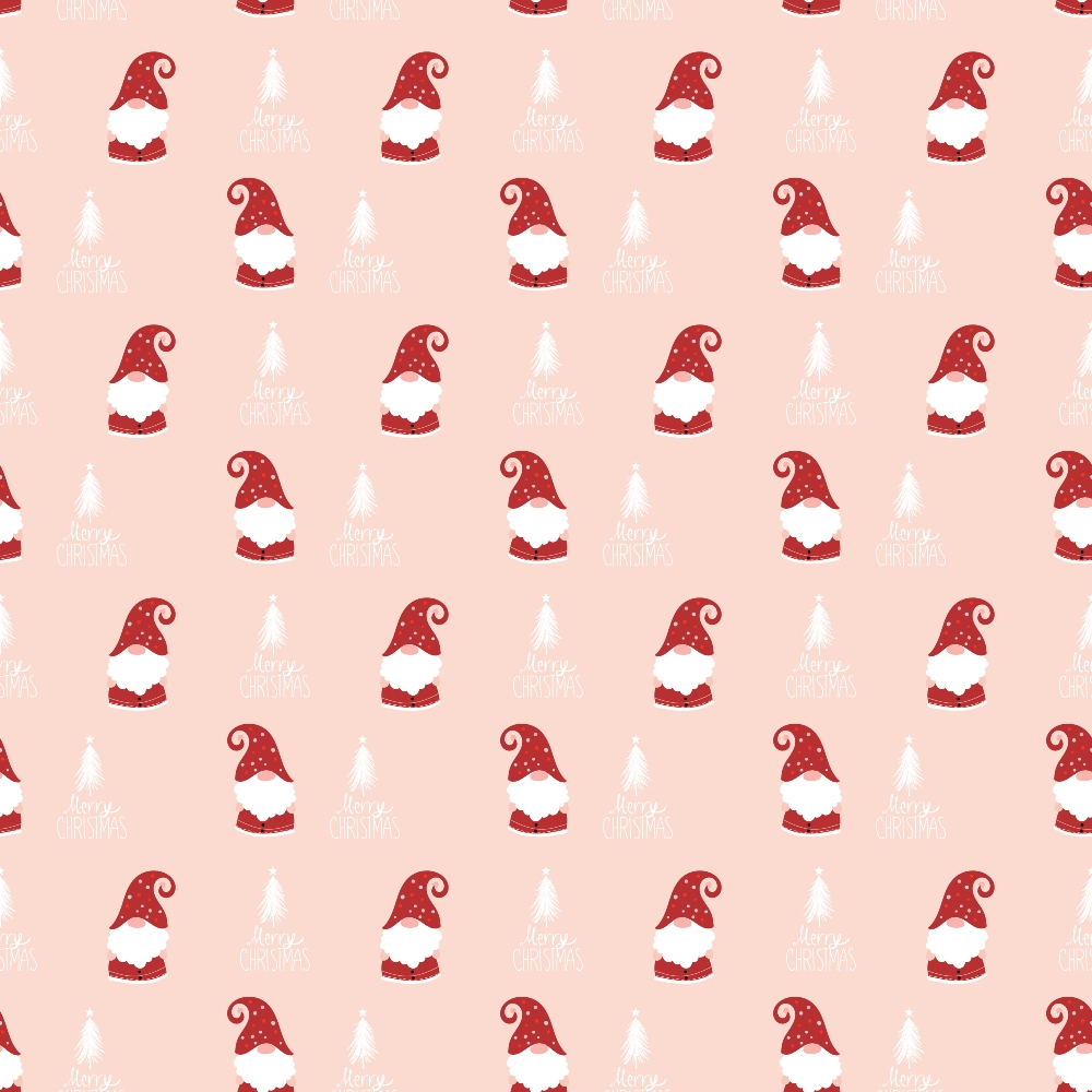 Repeating pattern of red and white Santa hats with Merry Christmas text on a light pink background.