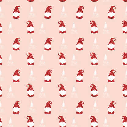 Repeating pattern of red and white Santa hats with Merry Christmas text on a light pink background.