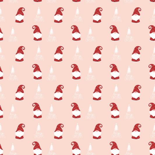 Repeating pattern of red and white Santa hats with Merry Christmas text on a light pink background.