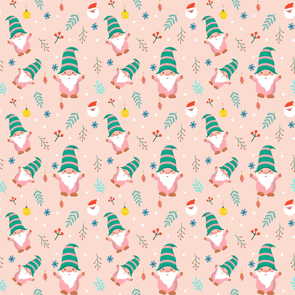 Pattern of gnomes with green hats, alongside holiday ornaments, Santa faces, and festive foliage on a pink background.