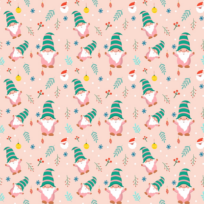 Pattern of gnomes with green hats, alongside holiday ornaments, Santa faces, and festive foliage on a pink background.