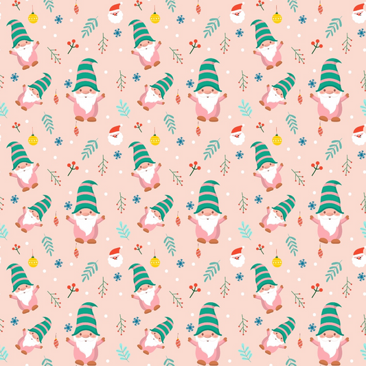 Pattern of gnomes with green hats, alongside holiday ornaments, Santa faces, and festive foliage on a pink background.