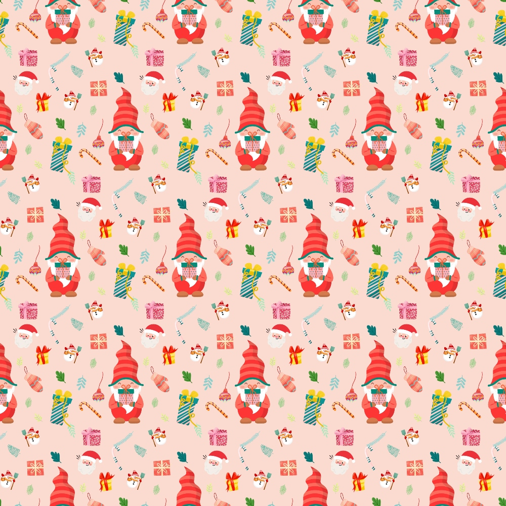 Festive pattern with Santa Claus faces, candy canes, Christmas trees, and various gift boxes on a light pink background.