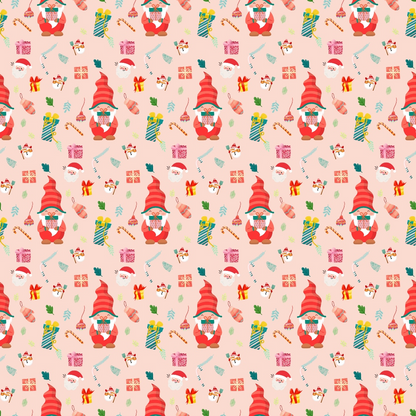 Festive pattern with Santa Claus faces, candy canes, Christmas trees, and various gift boxes on a light pink background.