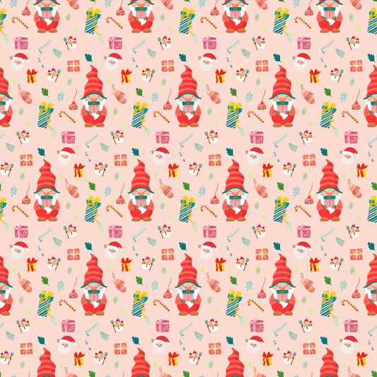 Festive pattern with Santa Claus faces, candy canes, Christmas trees, and various gift boxes on a light pink background.