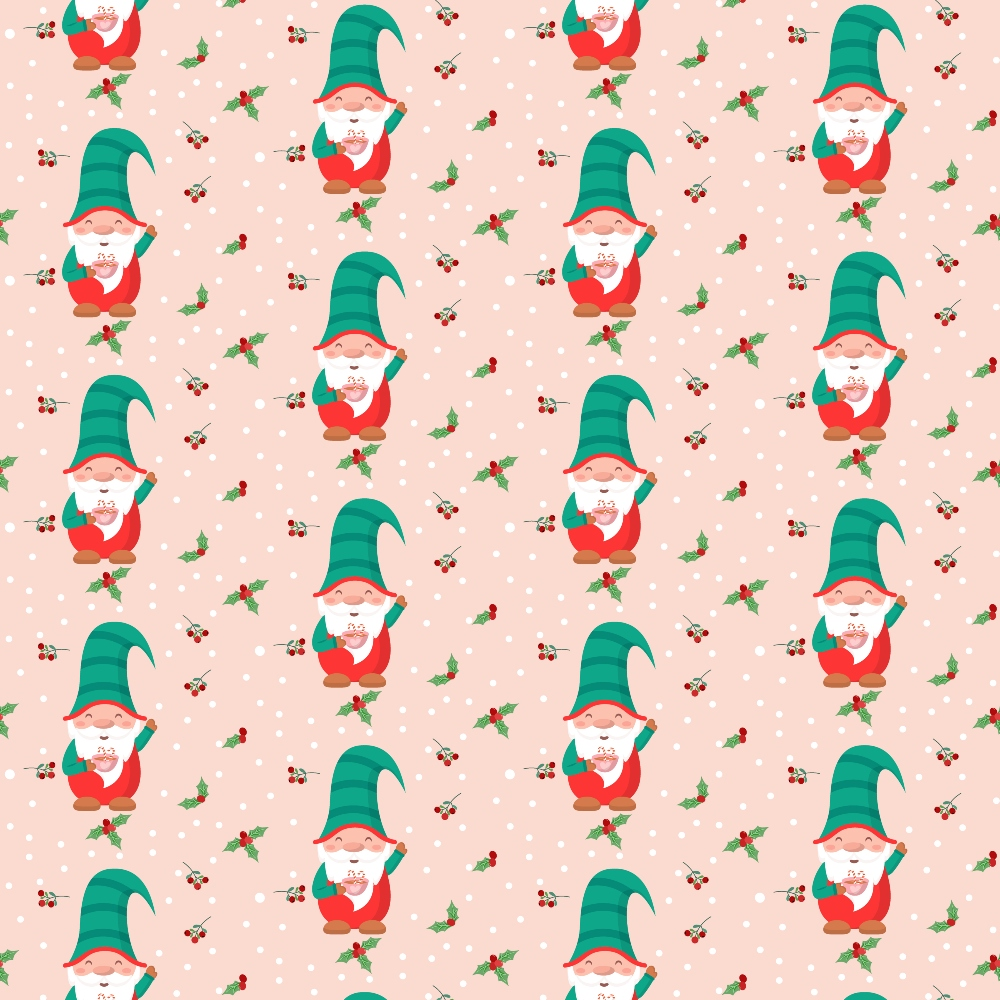 Pattern of smiling gnomes in red with green hats and white beards, holding gifts, on a light pink background with holly and berries.