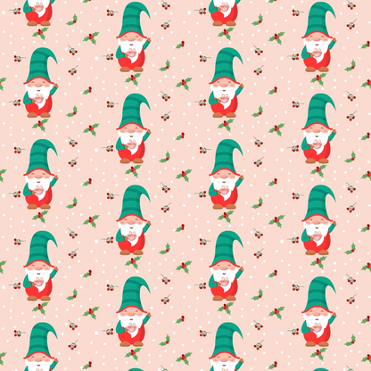 Pattern of smiling gnomes in red with green hats and white beards, holding gifts, on a light pink background with holly and berries.