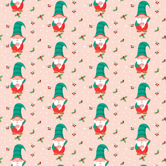 Pattern of smiling gnomes in red with green hats and white beards, holding gifts, on a light pink background with holly and berries.