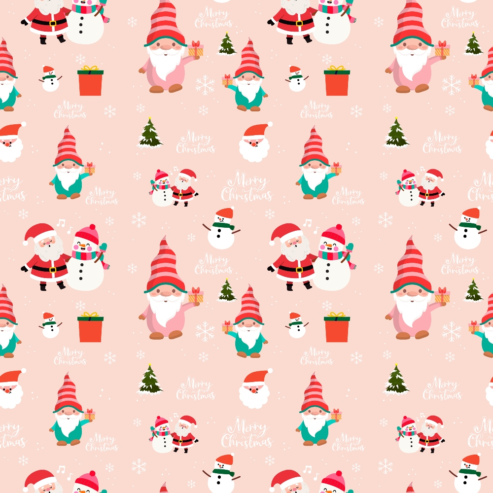 Festive Christmas pattern featuring Santas, snowmen, gnomes, Christmas trees, gift boxes, and snowflakes on a pink background.