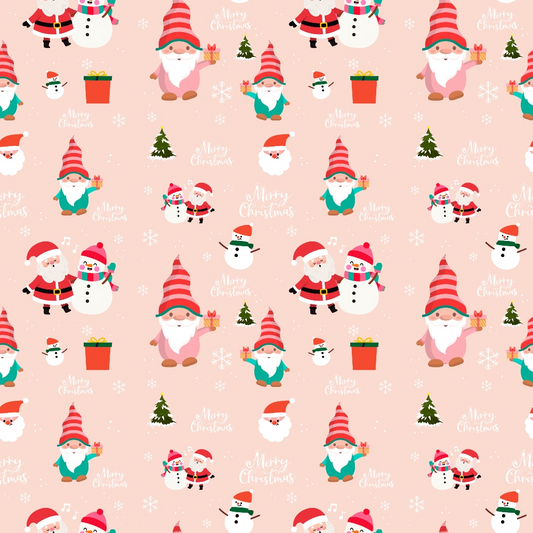 Festive Christmas pattern featuring Santas, snowmen, gnomes, Christmas trees, gift boxes, and snowflakes on a pink background.