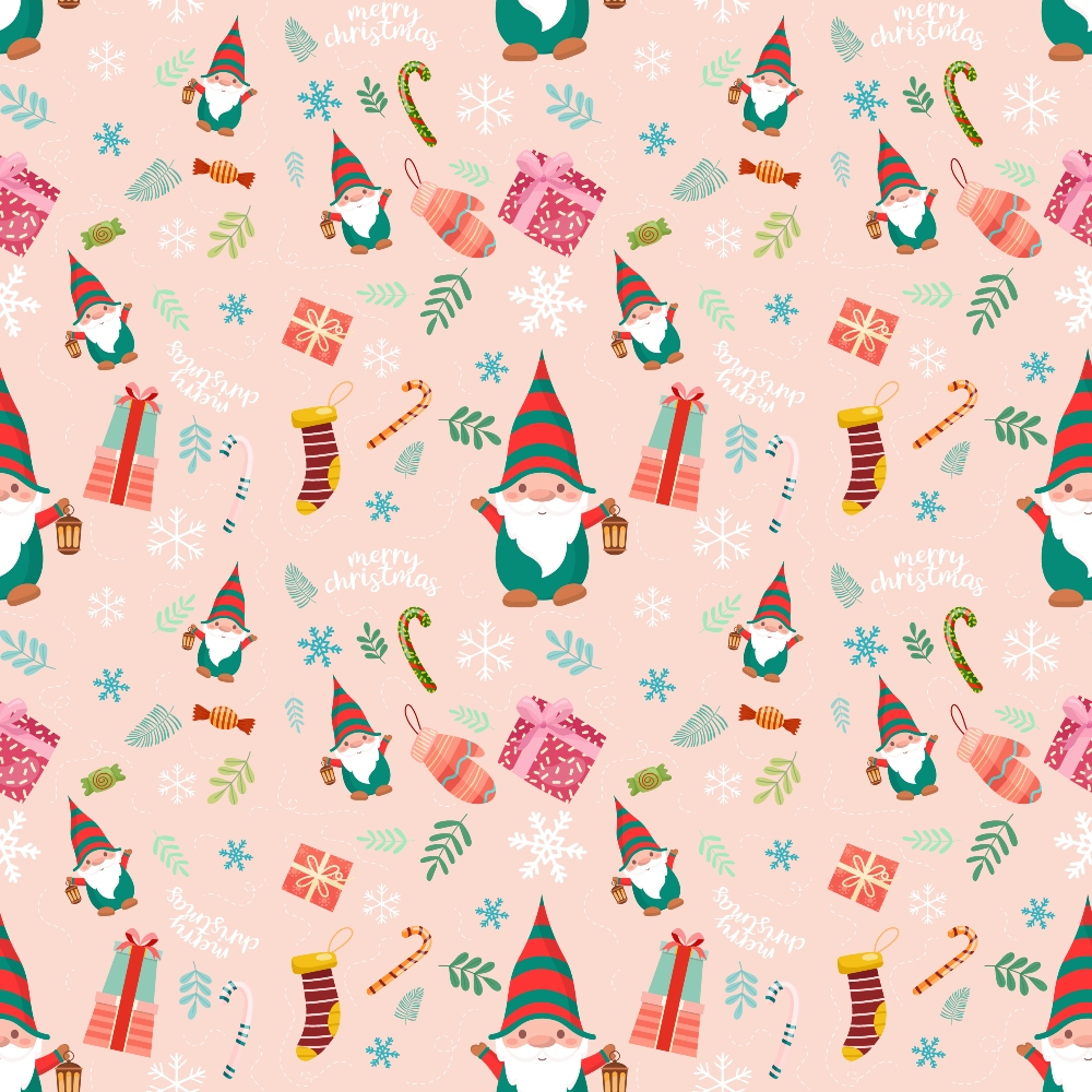 Festive pattern with elves, gifts, candy canes, stockings, snowflakes, and Merry Christmas text on a pale pink background.