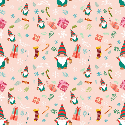 Festive pattern with elves, gifts, candy canes, stockings, snowflakes, and Merry Christmas text on a pale pink background.