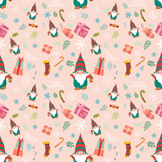 Festive pattern with elves, gifts, candy canes, stockings, snowflakes, and Merry Christmas text on a pale pink background.