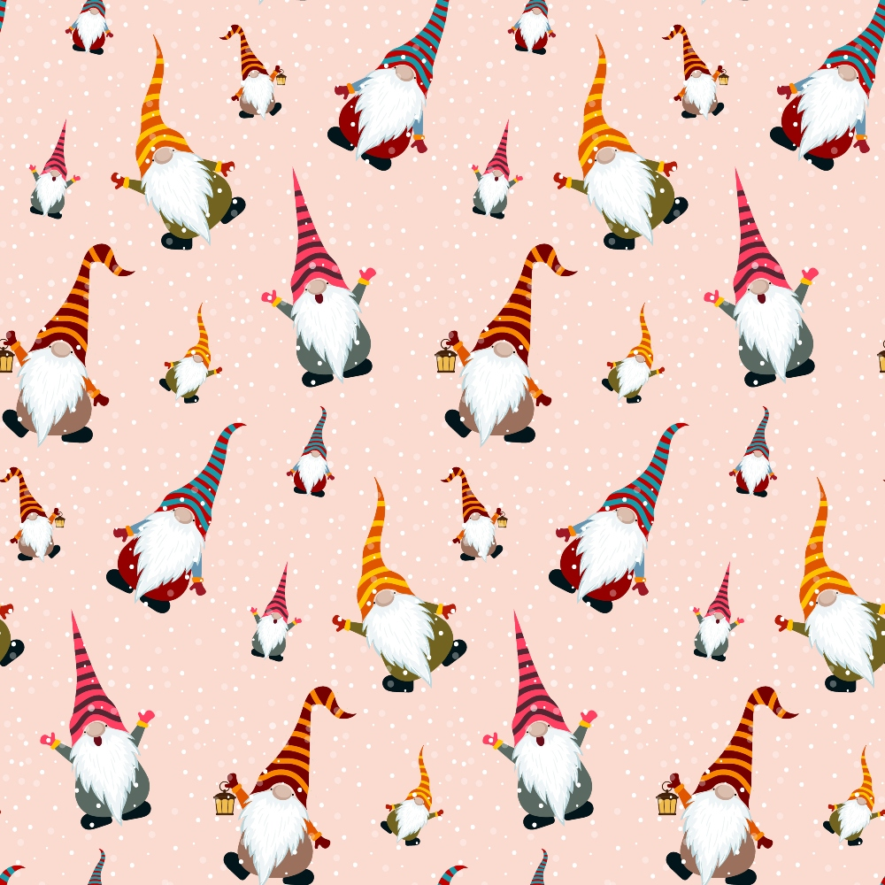 Pattern of gnomes wearing striped hats in orange and pink on a light pink background with small white dots.