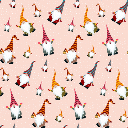 Pattern of gnomes wearing striped hats in orange and pink on a light pink background with small white dots.