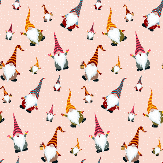 Pattern of gnomes wearing striped hats in orange and pink on a light pink background with small white dots.