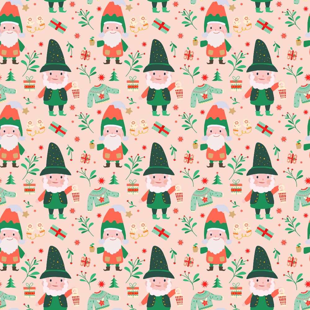 Festive pattern featuring gnomes wearing hats, along with Christmas trees, gifts, candy canes, and holiday decorations, set against a light pink background.