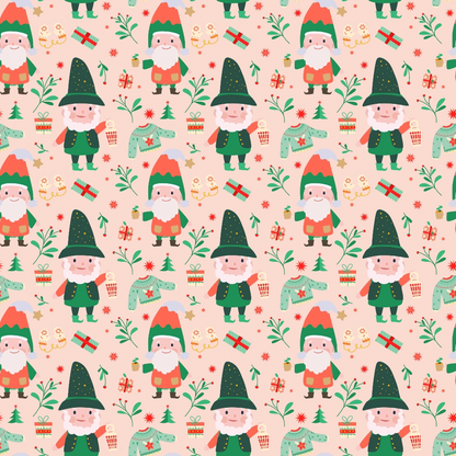 Festive pattern featuring gnomes wearing hats, along with Christmas trees, gifts, candy canes, and holiday decorations, set against a light pink background.