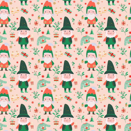 Festive pattern featuring gnomes wearing hats, along with Christmas trees, gifts, candy canes, and holiday decorations, set against a light pink background.