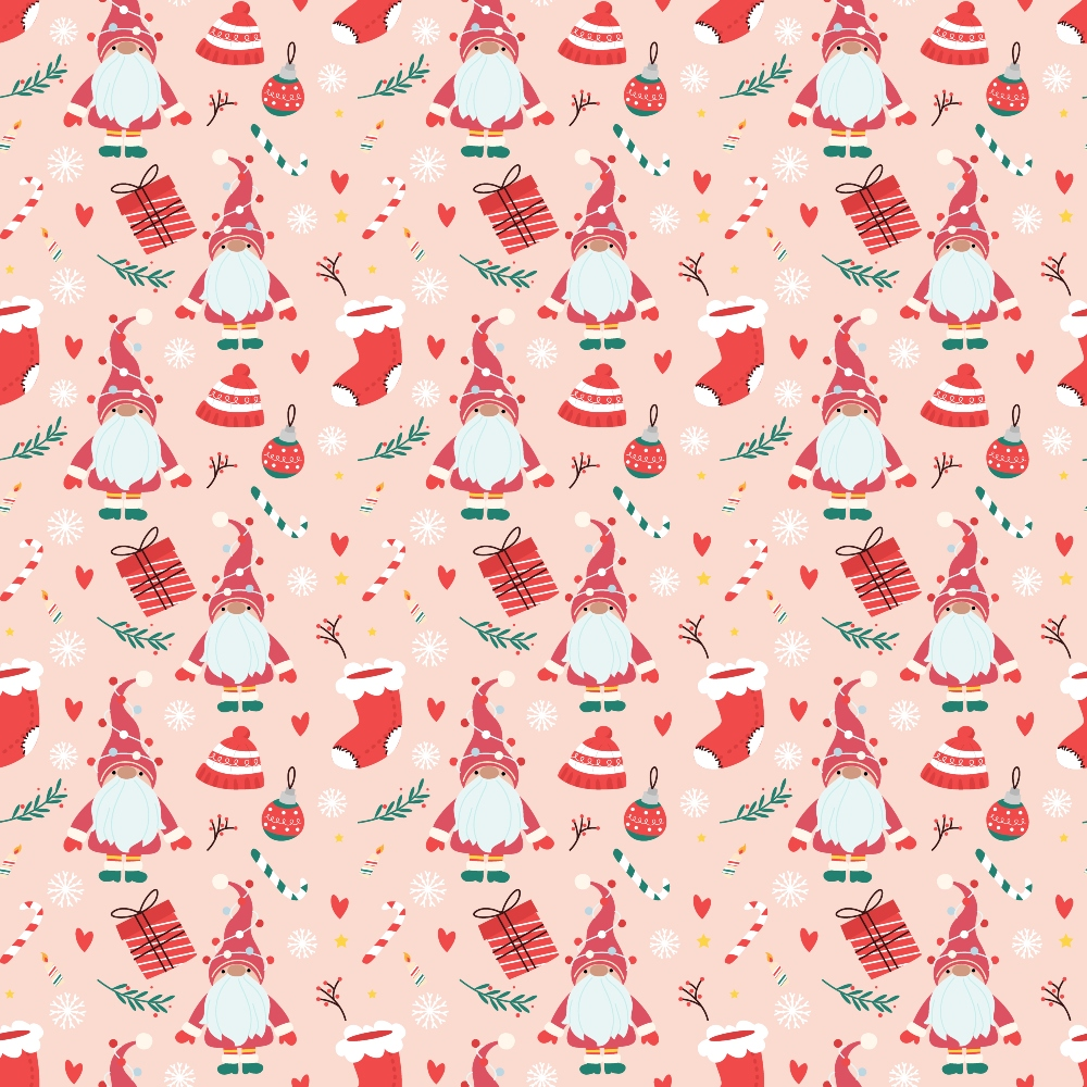 Festive pattern with gnomes, candy canes, gifts, stockings, ornaments, and snowflakes on a pink background.