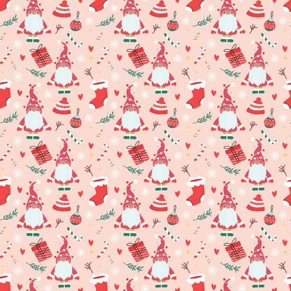 Festive pattern with gnomes, candy canes, gifts, stockings, ornaments, and snowflakes on a pink background.