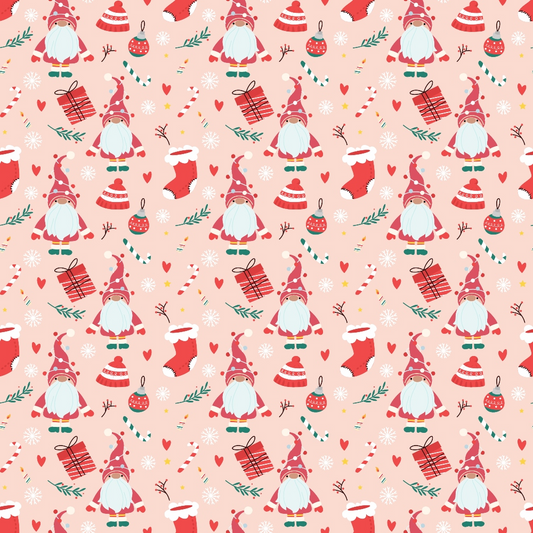 Festive pattern with gnomes, candy canes, gifts, stockings, ornaments, and snowflakes on a pink background.