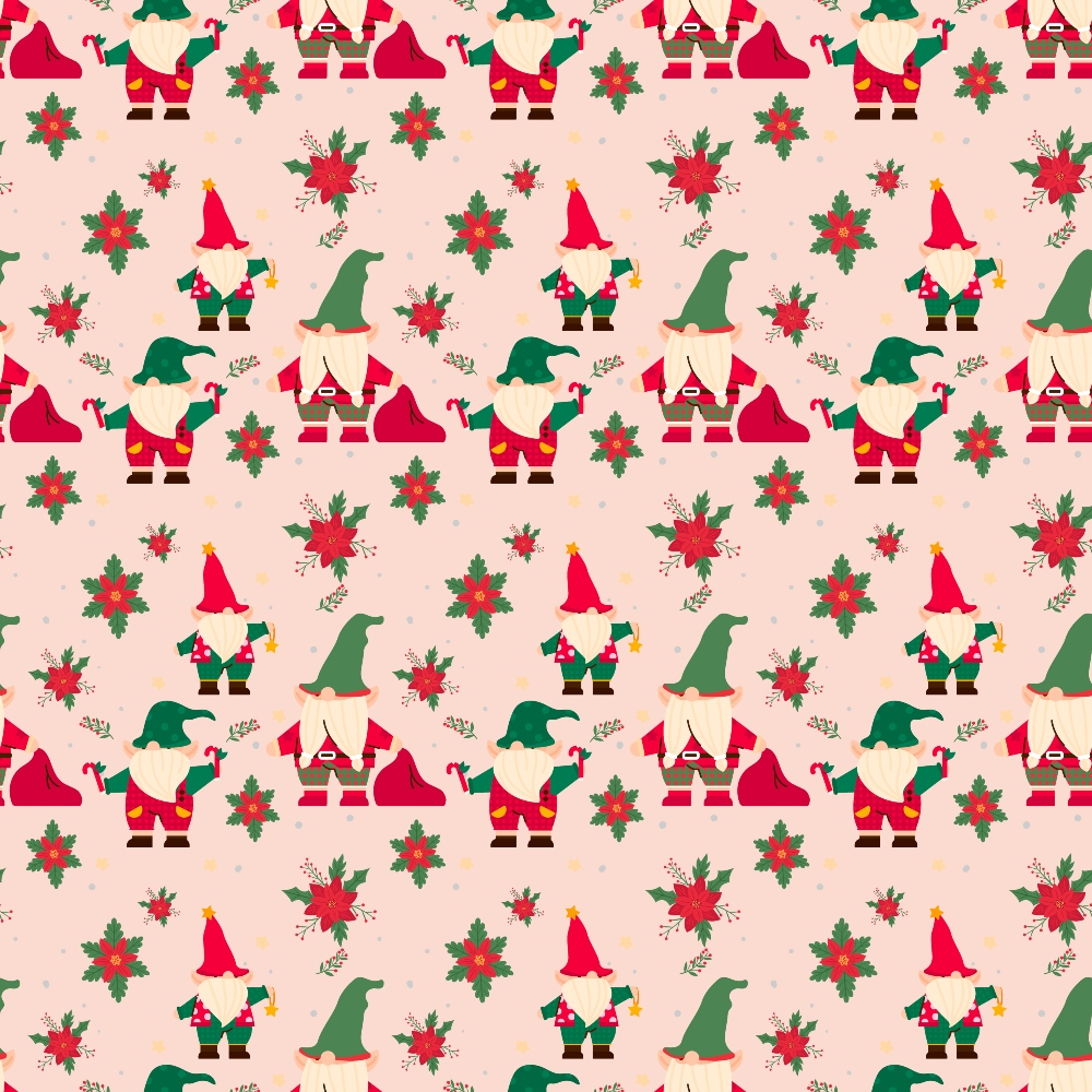 Pattern with Christmas gnomes in green and red hats, red sacks, and decorated snowflakes on a light pink background.