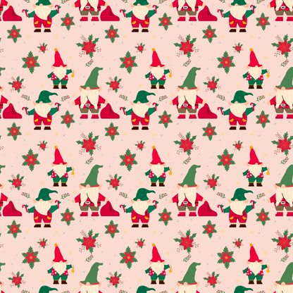 Pattern with Christmas gnomes in green and red hats, red sacks, and decorated snowflakes on a light pink background.