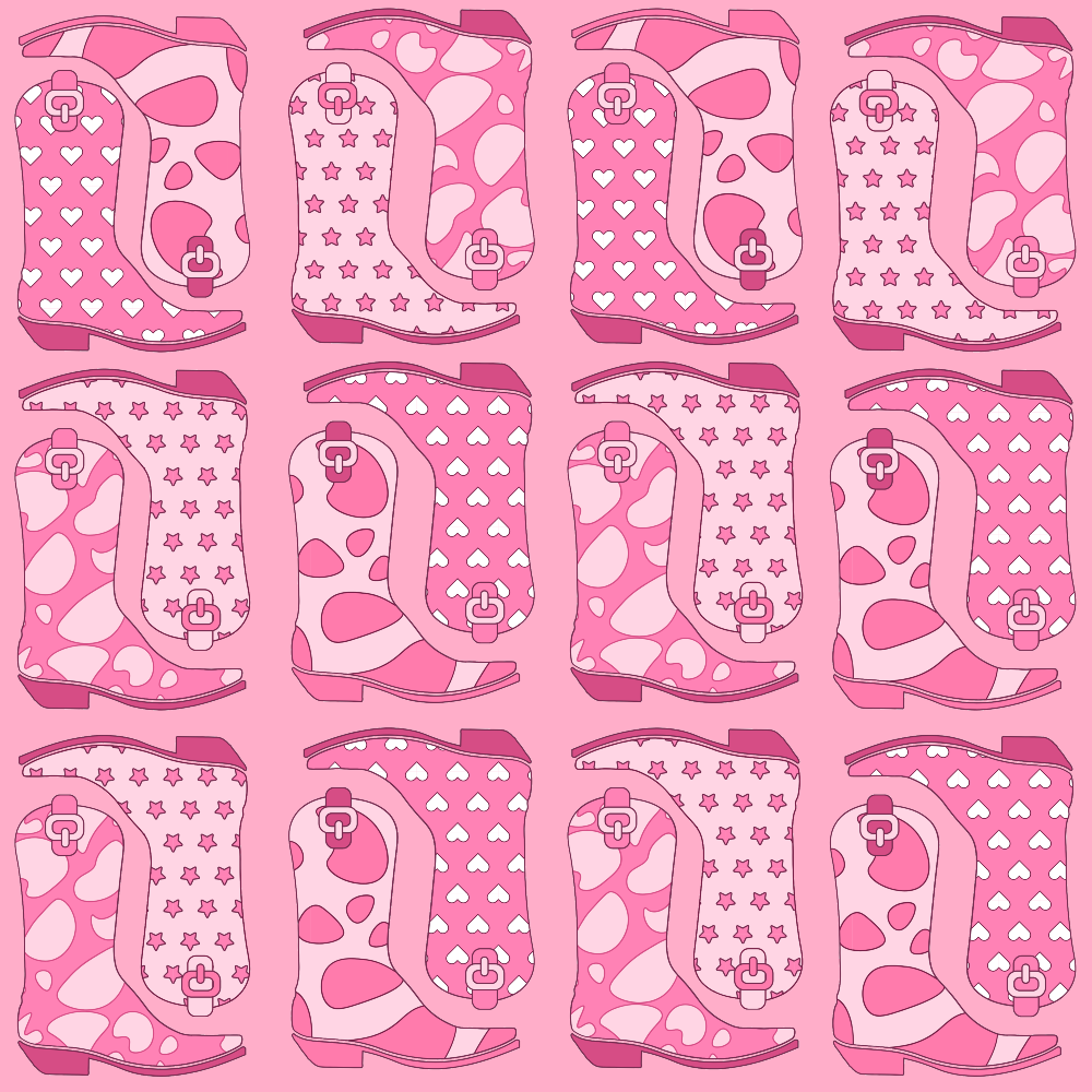 Pattern of pink cowboy boots with various designs including hearts, stars, and cow prints on a pink background.