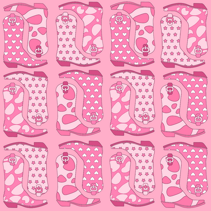 Pattern of pink cowboy boots with various designs including hearts, stars, and cow prints on a pink background.