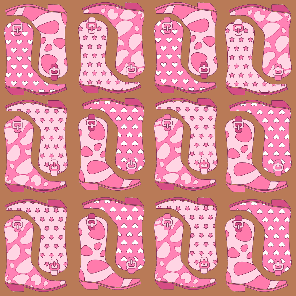 Pattern of pink and red cowboy boots featuring stars, hearts, and spots on a brown background.