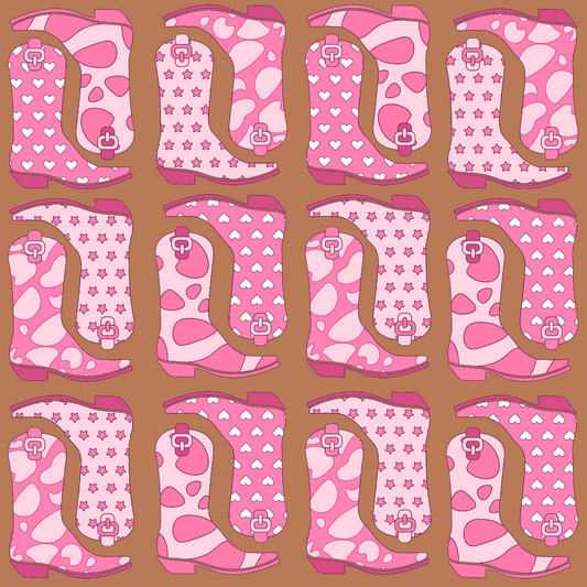 Pattern of pink and red cowboy boots featuring stars, hearts, and spots on a brown background.