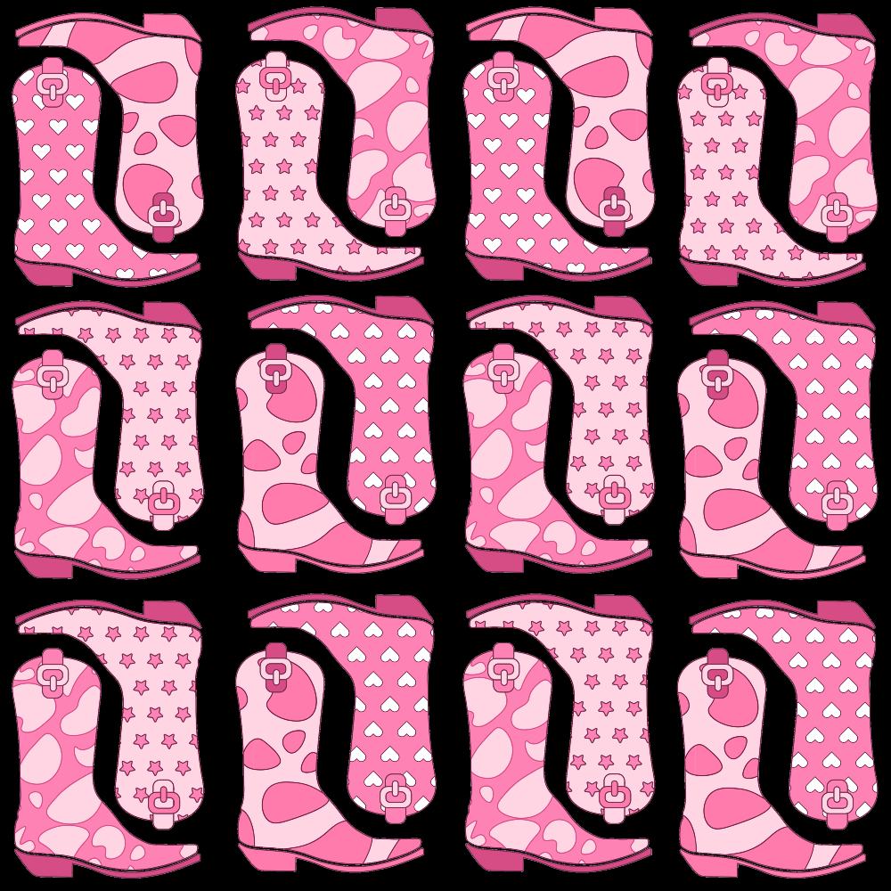 Pink cowboy boots with various patterns, including hearts, stars, clovers, and abstract shapes, arranged in a grid format.