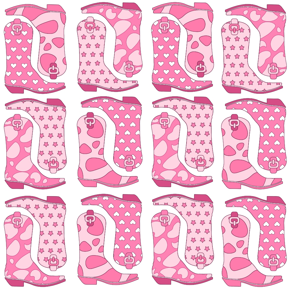 Pattern of pink cowboy boots with hearts, stars, and polka dots on a white background.