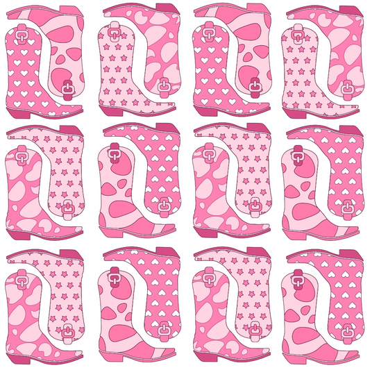 Pattern of pink cowboy boots with hearts, stars, and polka dots on a white background.