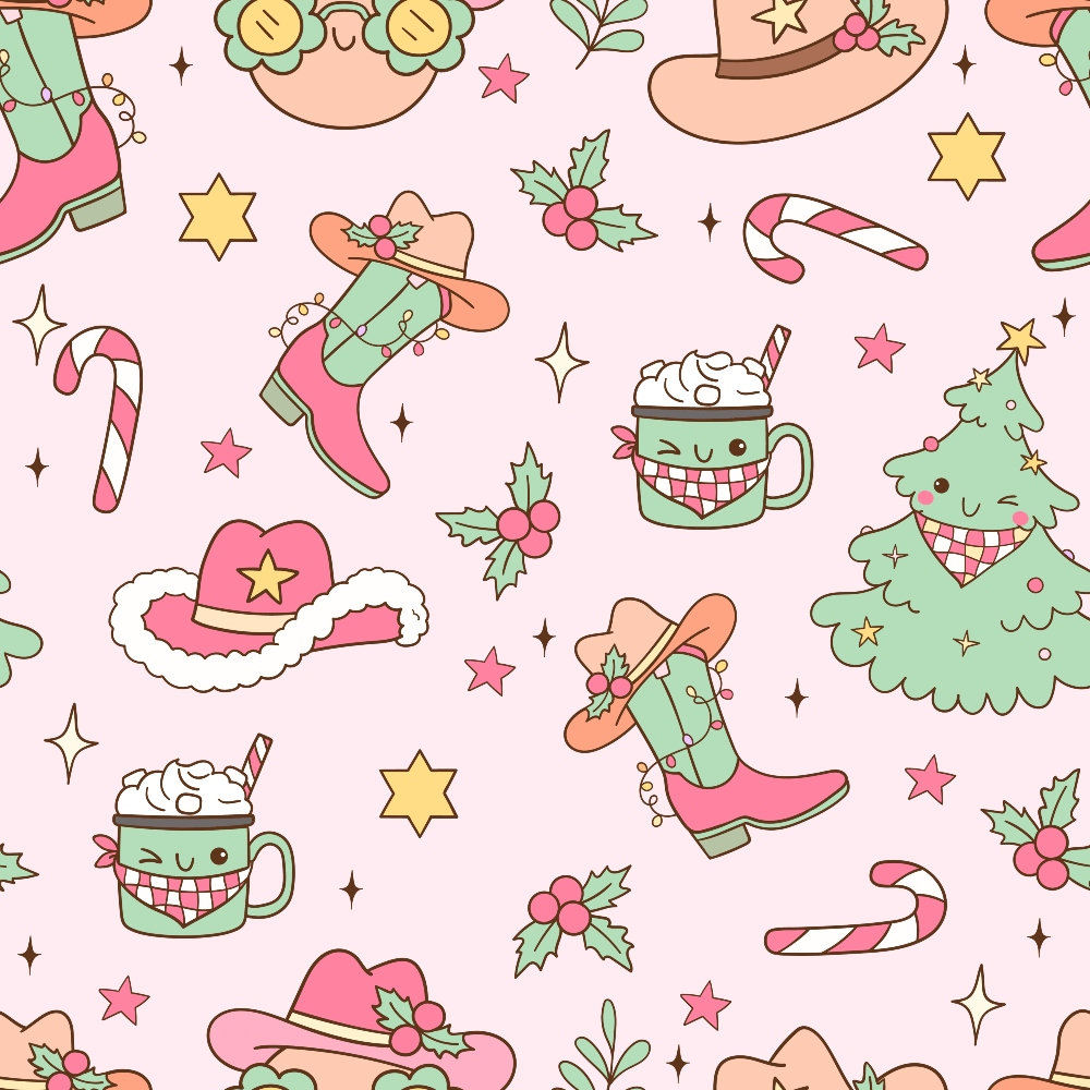 Festive pattern with cowboy boots, hats, mugs, Christmas trees, holly, stars, and candy canes on a light pink background.