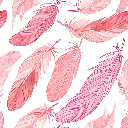 Pattern of pink and red feathers on a white background.