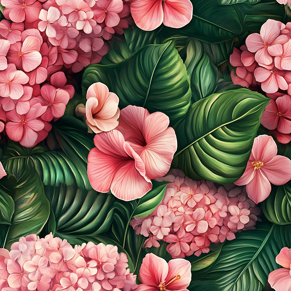 pink flowers, tropical leaves, hibiscus blooms, hydrangea clusters, coral pink, deep rose, emerald green, forest green, botanical pattern, floral design, tropical motif, quilting cotton, fabric panel, lush foliage, exotic flowers, summer vibes, paradise theme, realistic artwork, vibrant colors, nature pattern