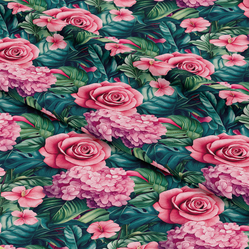Pink Flowers and Tropical Leaves Pattern 10 Quilting Cotton Fabric