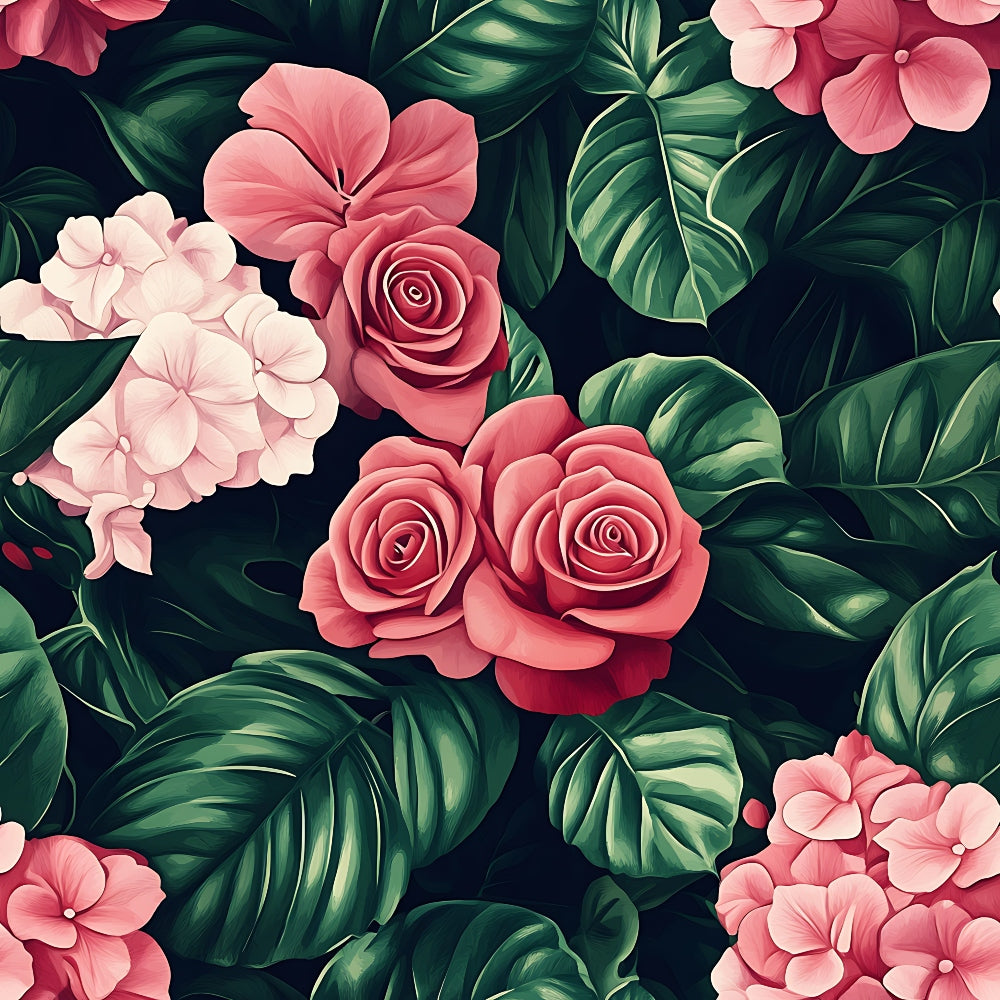 A vibrant pattern of pink roses and hydrangeas surrounded by lush green leaves against a dark background.